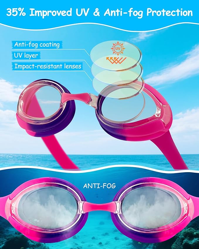 Kids Swim Goggles, Anti-fog and UV Protection with Swim Cap for Age 3-15 Youth Boys Girls Toddler