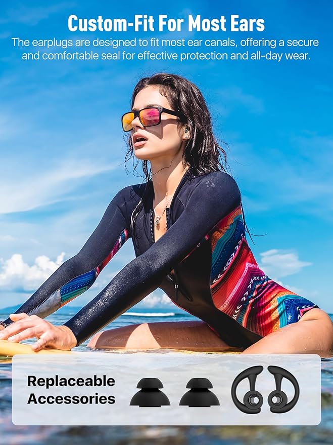 Hearprotek Swimmer Ear Plugs, 1 Pair Custom-fit Water Protection Adult Swimming Earplugs for Swimmers Surfer, Universal-fit with Lanyard, Perfect for Swimming,Surfing, Other Water Activities Black
