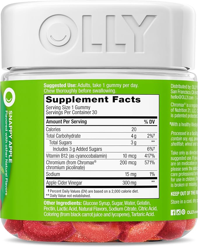 OLLY Metabolism Gummy Rings, Apple Cider Vinegar, Vitamin B12, Chromium, Energy and Digestive Health, Chewable Supplement, Apple Flavor - 30 Count