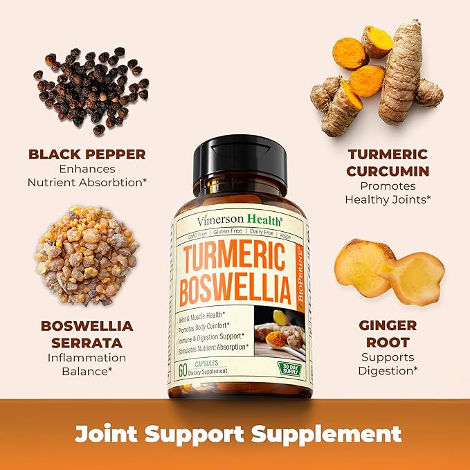 Turmeric Supplement with 65% Boswellia Extract Capsules - Turmeric Curcumin Supplement 95% Curcuminoids - Boswellia Serrata, Black Pepper, Organic Turmeric and Ginger Root Capsules - 60 Tumeric Caps