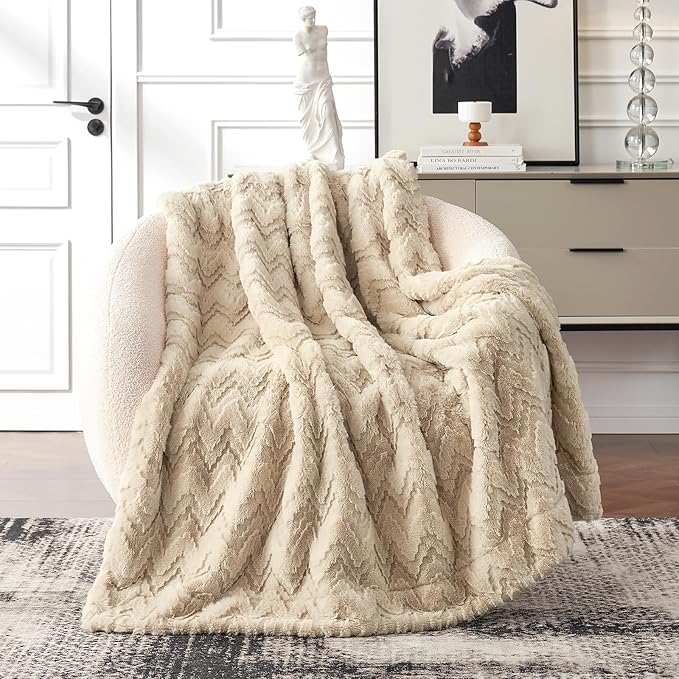 Cozy Bliss Faux Fur Throw Blanket for Couch - Soft Fuzzy Cozy Throw Gift Blankets for Women,Beige Boho Blanket for Sofa Bedroom Living Room.50 * 60 Inches