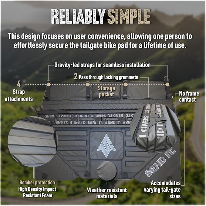 Send It. High Roller Tailgate Bike Pad V2 – Tailgate Pads for Trucks – Truck Bike Pad – Accessories for Mountain Bikers, BMX Bikes, Ebikes & More (Compact)