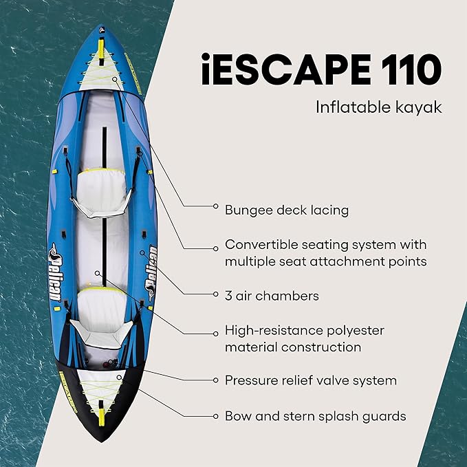 Pelican iESCAPE Inflatable Kayak - Recreational Kayak - Compact, Stable and Fun All in One - for 1 or 2 Person