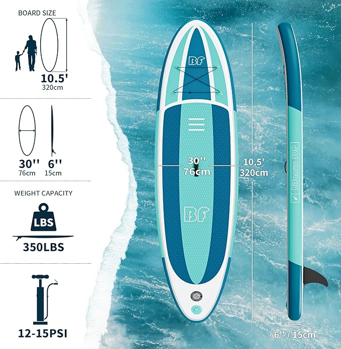 Inflatable Stand Up Paddle Board with SUP Accessories & Backpack. Paddle Boards for Adults. Non-Slip Deck, Wide Stance, Bottom Fin, Double Action Pump.