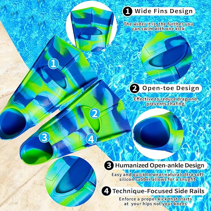 Kids Swim Fins,Short Comfortable Flippers for Lap Swimming and Training for Child,Girls,Boys,Beginners