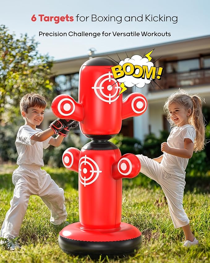 QPAU 360° Rotatable Punching Bag for Kids, Lager 64” Kids Punching Bag with Gloves, Hand Pump & 6 Targets, Bop Bag Inflatable Punching Toy, Karate Gifts for Boys, Girls