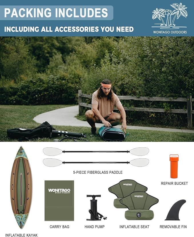 Inflatable Kayak, Portable Ripstop Oxford Cloth Recreational Touring Kayak with Fiberglass Kayak Paddle, Hand Pump and Carrying Bag, 1/2 Person