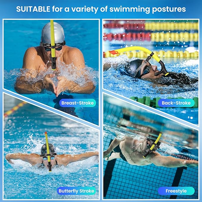 Swimmer's Snorkel for Lap Swimming, Adult Snorkeling Gear Swim Training, Center-Mount Silicone Mouthpiece One-Way Purge Valve in Pool and Open Water