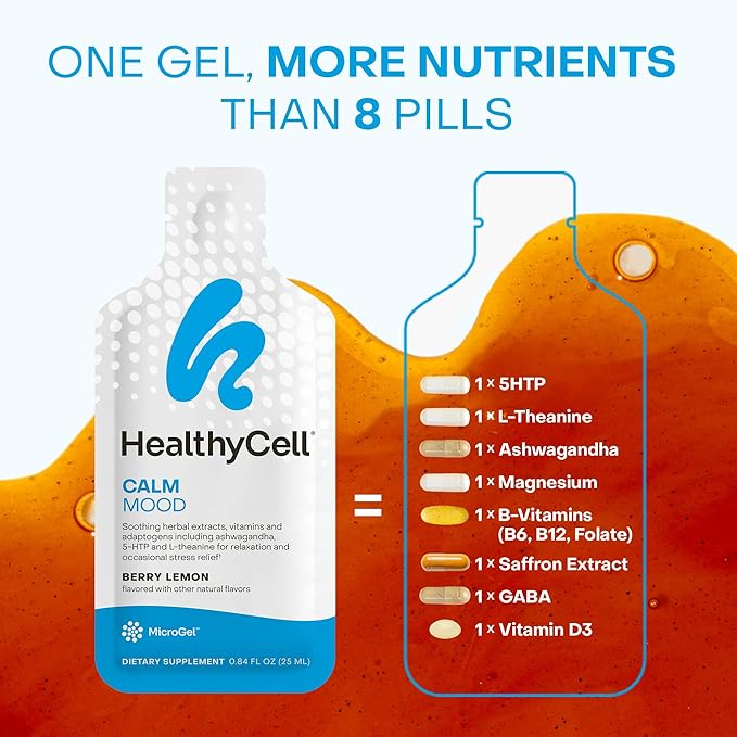 Healthycell Calm Mood Daily Liquid Supplement - Cortisol Manager & Mood Support Supplement for Stress with Ashwagandha, L-Theanine, Magnesium, 5-HTP, GABA & Saffron - 30 Gel Packs