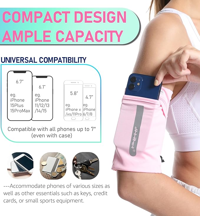 HiRui Running Armband Sleeve Universal Sports Armband Cell Phone Holder Armband for Exercise Workout, Compatible with iPhone 16/15/14/13/Plus/Pro Samsung Galaxy All Phones (S, Pink)
