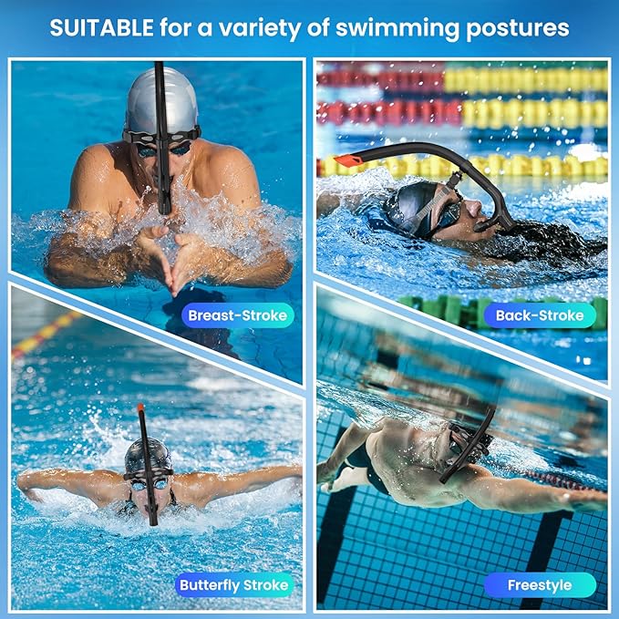 Swimmer's Snorkel for Lap Swimming, Adult Snorkeling Gear Swim Training, Center-Mount Silicone Mouthpiece One-Way Purge Valve in Pool and Open Water