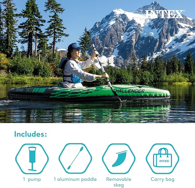 INTEX Challenger Inflatable Kayak Series: Includes Deluxe 86in Kayak Paddles and High-Output Pump – SuperStrong PVC – Adjustable Seat with Backrest – Removable Skeg – Cargo Storage Net