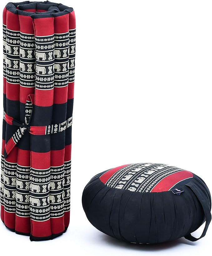 Leewadee Meditation Cushion Set – 1 Round Zafu Meditation Pillow and 1 Square Roll-Up Zabuton Meditation Mat, Pillows Bundle Filled with Kapok