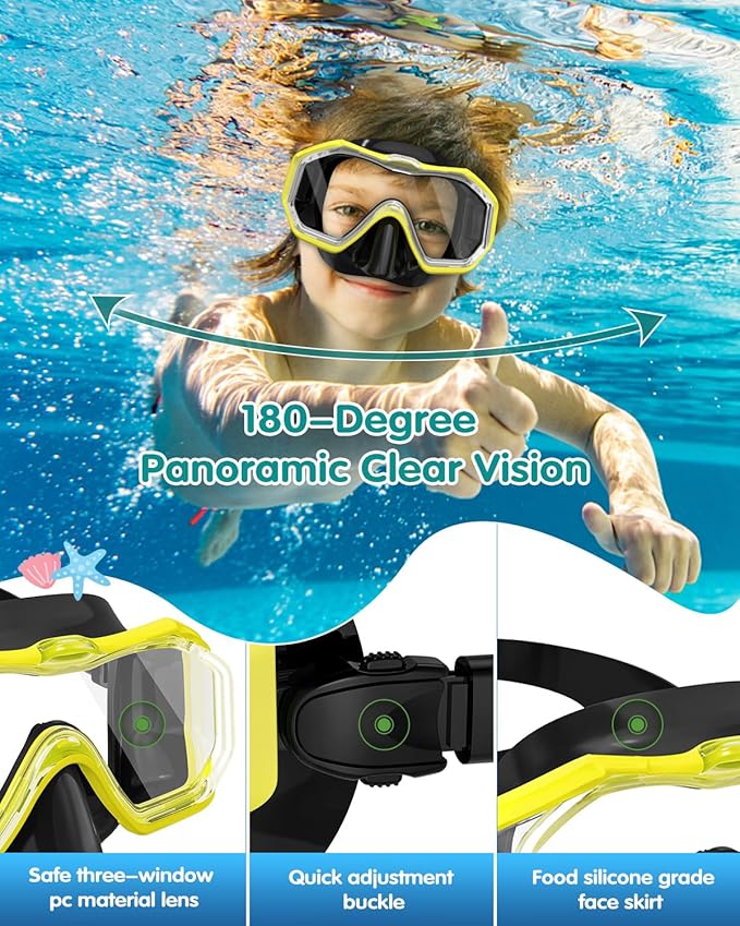 W WSTOO Kids Swim Goggles with Nose Cover,Snorkel Diving Swimming Mask for Youth 5-15,HD 3-Window Wide Vision Anti-Shattered Lens Anti-Fog&Leak