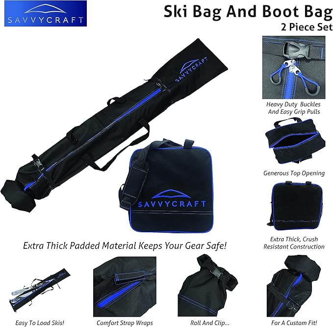 Savvycraft Padded Ski bag and Boot Bag Combo, Thick Padded Ski and Boot Bag 2-Piece Set for Protection and Easy Travel