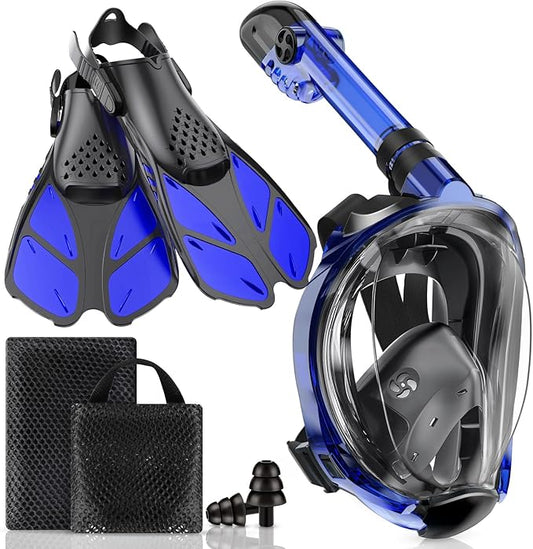 Mask Fins Snorkeling Gear for Adults, Full Face Snorkel Mask & Adjustable Swim Fins Snorkel Set, Panoramic View Snorkel Mask Dry Top Anti-Fog Anti-Leak