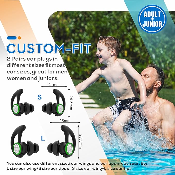 Hearprotek 2 Pairs Ear Plugs for Swimming Adults, Reusable Custom-fit Swim Water earplugs Men Women for Swimmers Shower Pool Bath Surfing Kayaking Canoeing(Black)