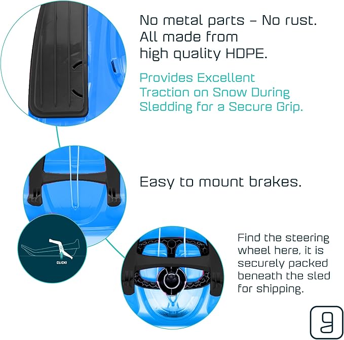 Snow Sled for Kids, Adults - Toboggan Sled, Easy Turning Steering Wheel, Anti-Slip Seat, Pull Up Brake, Durable Plastic Sled, Lightweight, Snow Sleds, Age 3+ 260 lbs