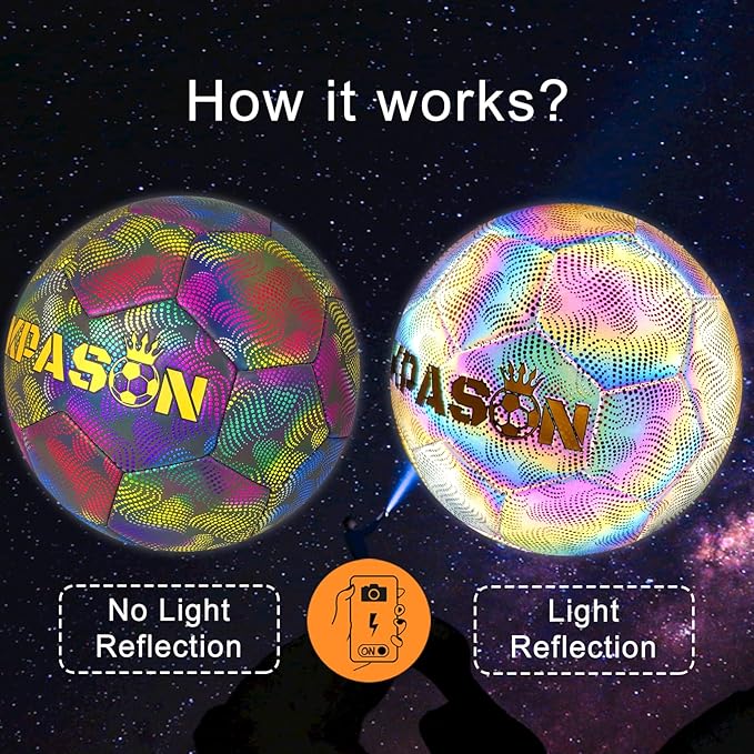 Soccer Ball, Holographic Reflective Glowing Soccer Ball for Men Women Training