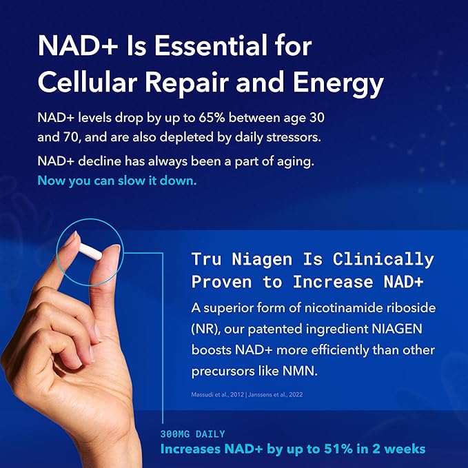TRU NIAGEN Patented NAD+ Supplement for Anti Aging and Cell Regeneration, 300 mg Niagen, 30 Servings | Supports Cellular Energy, Brain, Muscle | Nicotinamide Riboside (NR) Take 1 Daily | 1 Bottle