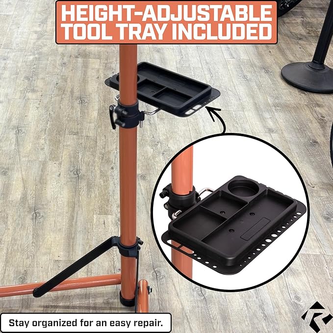 Revere Bike Repair Stand & Storage Bag, Telescoping Arm, Rotating Clamp, Magnetic Tool Tray, and Adjustable Handlebar Rod - Heavy Duty, Sturdy, Adjustable (Orange)