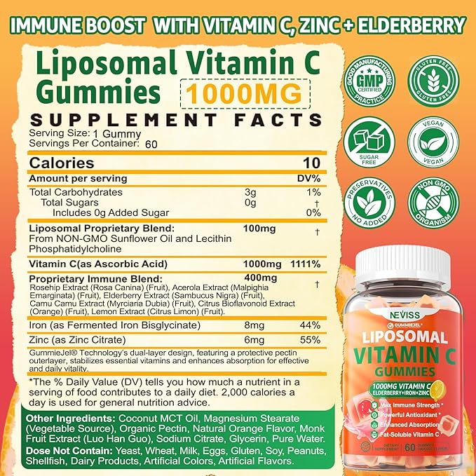 Liposomal Vitamin C 1000mg Gummies for Adults - Vitamin C Chewable 1500mg with 8mg Iron, Zinc & Elderberry - Immune Support, Immune Booster Supplement - for Energy, Collagen Booster, 2Pack Sugar Free