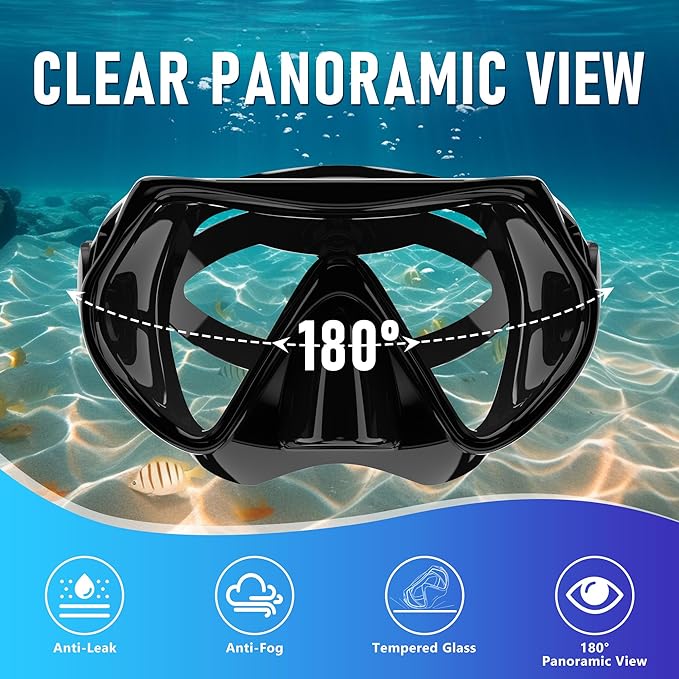 Snorkeling Gear, Dry Snorkel Set180° Panoramic Wide View,Anti-Fog Scuba Diving Mask, Professional Snorkeling Gear for Free Breathing, Swimming, Diving