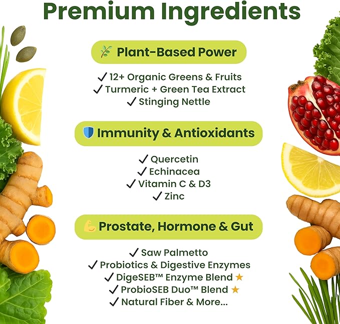 Veridi Greens for Men 40+ | Daily Superfood Greens Powder for Prostate Health, Hormone & Energy Support | Premium USA Blend with Spirulina, Saw Palmetto, Zinc & Enzymes