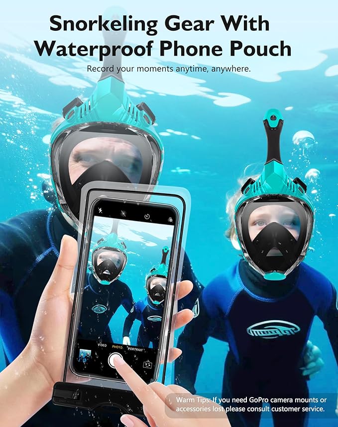 VGKE Full Face Snorkel Mask for Adults, 180 Degree HD Panoramic View Snorkeling Gear with Waterproof Phone Pouch, Anti-Leak & Anti-Fog, Breathe Freely Suitable for Men/Women