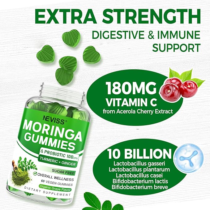 Moringa Gummies for Women Men, Sugar Free, Vegan, with 10 Billion CFU Probiotic Turmeric Ginger Ceylon Cinnamon, Chewable Organic Pure Moringa Leaf Supplement for Adults | Gut & Immune Support, 60Cts