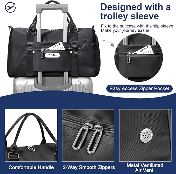 FIORETTO Womens Gym Tote Duffle Bag with Toiletry Bag, Sports Duffel Overnight Hospital Workout Carry on Bag for Girls with Wet Pocket & Shoe Compartment, Ideal for Travel, Swimming, Dance Black