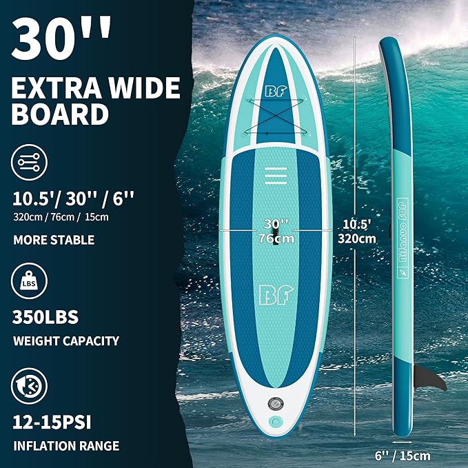Inflatable Stand Up Paddle Board with SUP Accessories & Backpack. Paddle Boards for Adults. Non-Slip Deck, Wide Stance, Bottom Fin, Double Action Pump.