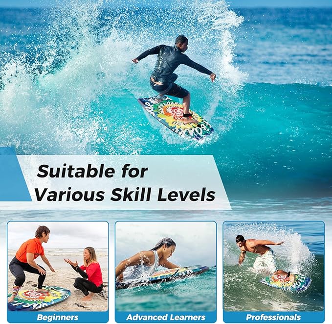 KOTEK 33/37/41 Inch Body Board with Wrist Leash, EPS Core, Dual Channel, HDPE Slick Bottom, Bodyboard for All Skill Levels & Wave Conditions