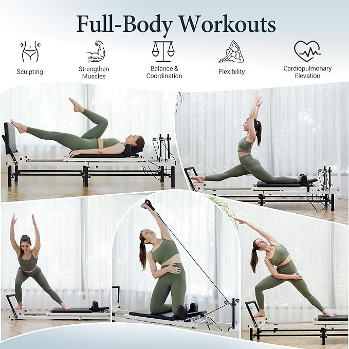 PAETA Pilates Reformer, 91" Foldable Reformer Pilates Machine with Adjustable Reformer Heights, Pilates Equipment with Piano Wire Spings and Jump Boards