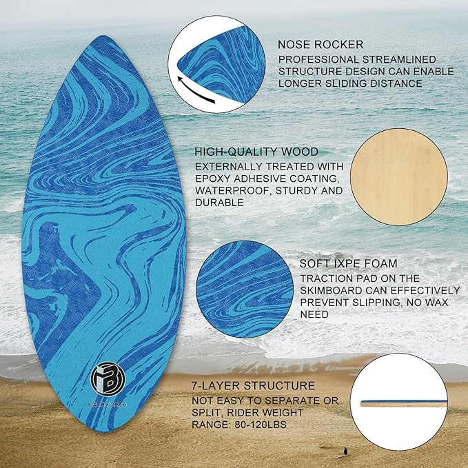 36” Skipper Skimboard with High Gloss Coat Wooden Skim Boards for Beginners, Teenagers and Adults Beach Skimboard 3 Color Traction Pad to Choose