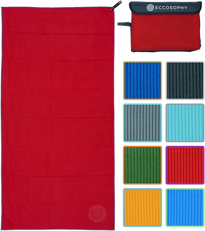 ECCOSOPHY Microfiber Beach Towel – Quick Dry Gym Towel, Highly Absorbent with Ribbed Texture, Lightweight – Ideal for Travel, Pool, Yoga, Fitness & Outdoor Adventures – 71x35 Cherry