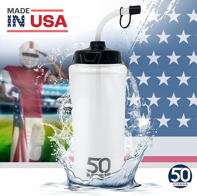 50 Strong 1 Liter BPA-Free Plastic Round Sports Water Bottle with Straw - 6 Pack