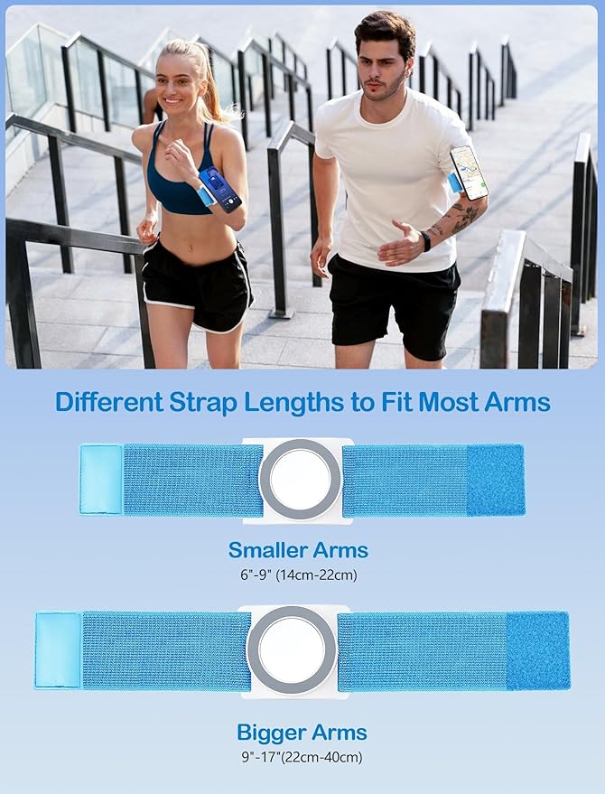 TOPGO Magnetic Running Phone Holder for iPhone, HD Mirror & Extendable Anti-Drop Rope for Gym/Yoga, 360° Rotatable Wrist Phone Holder, Fits iPhone 16 Pro & Android (Blue, 2 Straps)