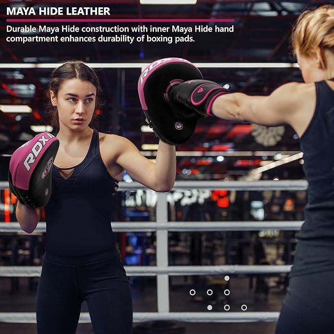 RDX Boxing Pads Focus Mitts, Maya Hide Leather Curved Hook and Jab Target Hand Pads, Great for MMA, Kickboxing, Martial Arts, Muay Thai, Karate Training, Padded Punching, Coaching Strike Shield