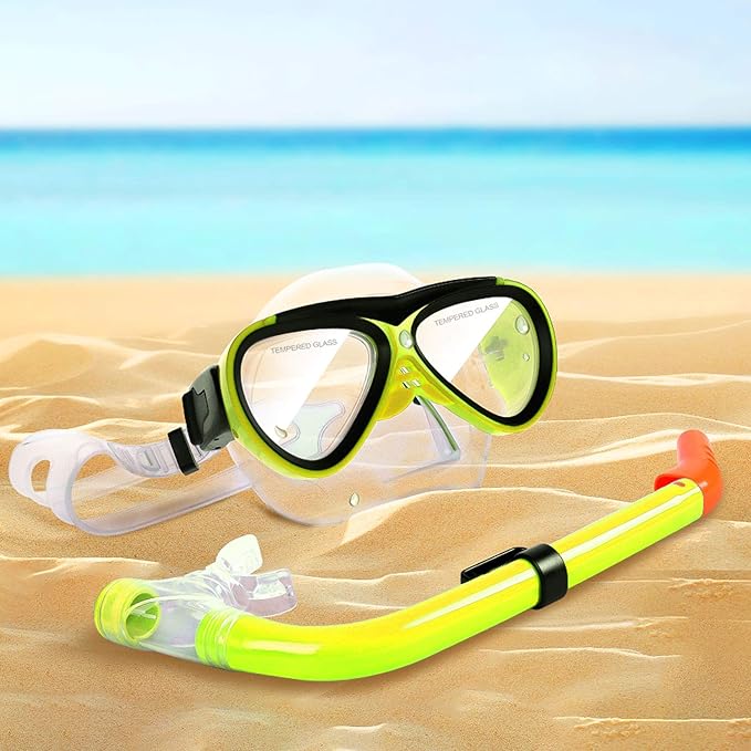GreenLF Kids Snorkel Set, Anti-Fog Snorkeling Mask with Nose Covers for Youth Junior Child, Boys & Girls Age 5-12, Semi-Dry Diving Scuba Swimming Goggles Gear Packages
