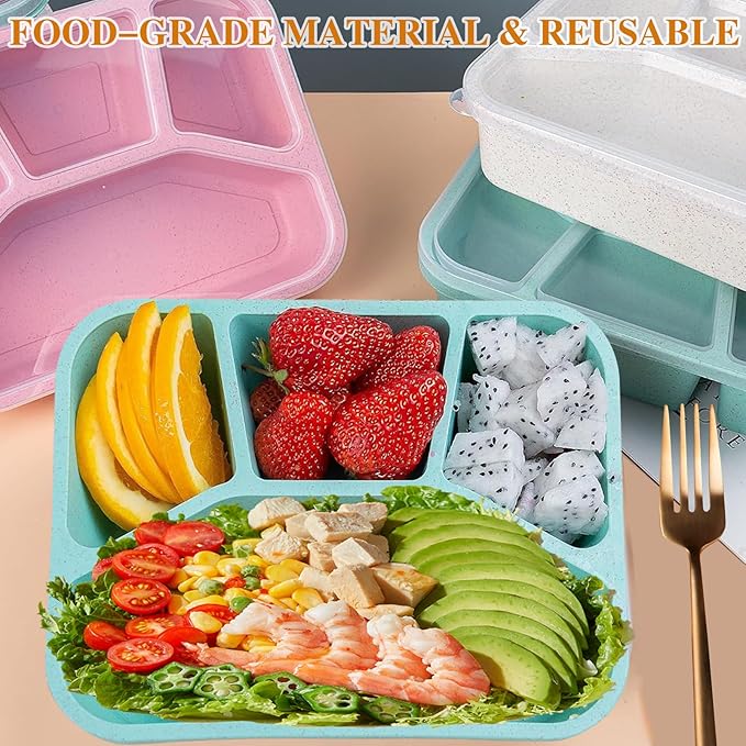 15 PCS Bento Box, 4 Compartment Bento Box Adult Set, Wheat Straw Bento Lunch Box, Reusable Lunch Snack Box, Microwave, Dishwasher and Freezer Safe Meal Prep Containers for Work, School and Travel