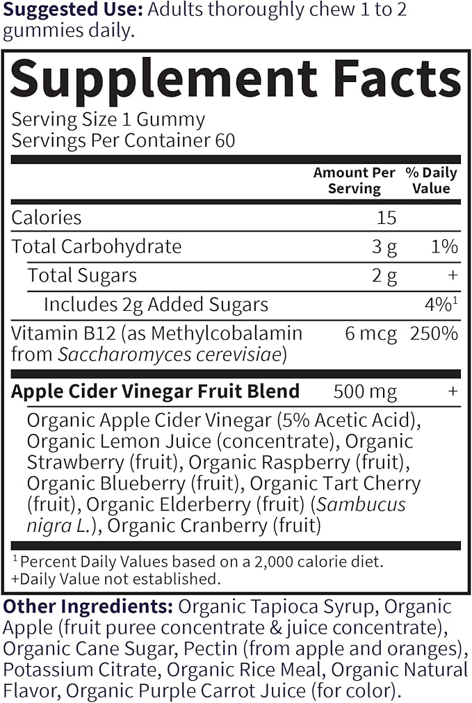 Garden of Life Apple Cider Vinegar Gummies USDA Organic ACV Gummy Vitamins Made with Real Fruit Blend, Whole Food Vitamin B12 - Vegan, Gluten Free, Non-GMO, Kosher - 60 Gummie