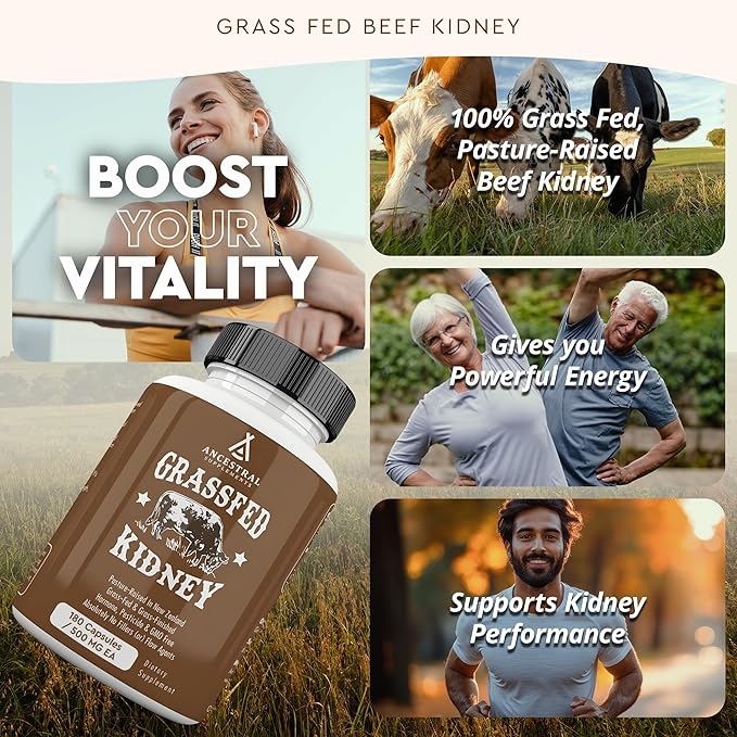 Ancestral Supplements Grass Fed Beef Kidney Supplement, 3000mg, DAO Enzyme Supplement, Kidney Support for Urinary and Histamine Health, Selenium, B12, Non GMO, 180 Capsules