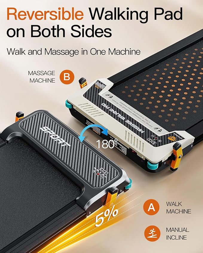 FUNRAY Versatile Walking Pad Treadmill with Incline - Dual-Sided Under Desk Treadmill with Foot Massage,2 in 1 Walking Machine for Home/Office with 330LBS Weight Capacity