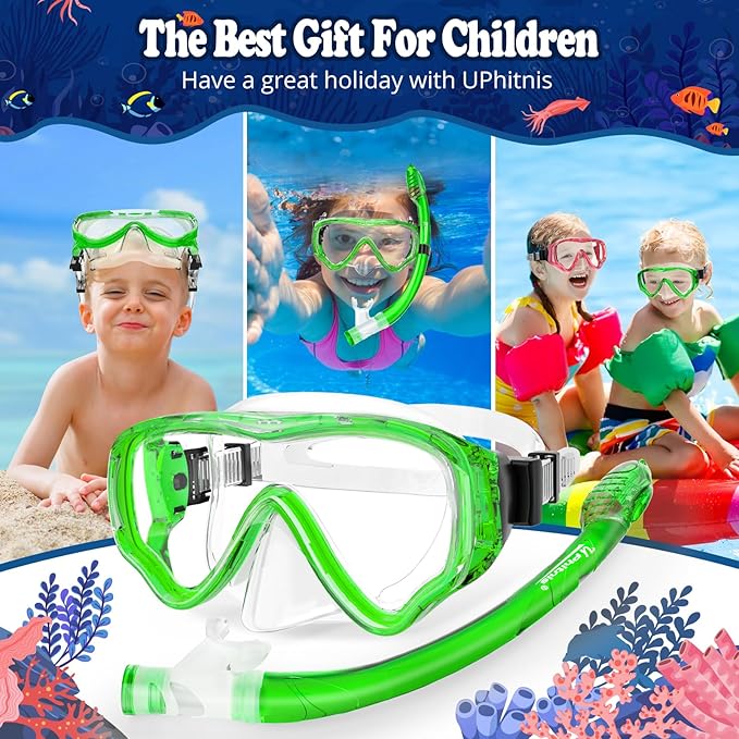 U PHITNIS Kids Snorkel Set for Age 4-14 - Dry Top Snorkeling Gear for Kids Junior & Youth - Childs Diving Mask with Big Eyes for Boys Girls - Anti-Fog Snorkeling Mask and Snorkel Set