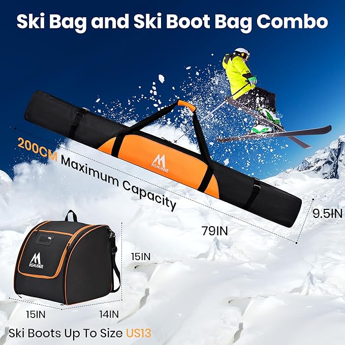 Ski Bag and Ski Boot Bag Combo-Padding Skis Bag for Air Travel,Water Proof Ski Boot Bag Fits for Skis Up to 200 CM and Boots Up To Size US13,Adults Ski Travel Bag