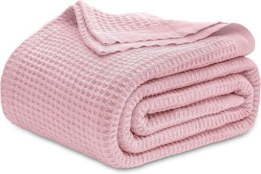 Bedsure 100% Cotton Blanket King Size for Bed - Breathable and Soft, Waffle Weave Blanket for Summer, Thick Cozy Fall Blankets for Women Gift, Pink, 104x90 inches