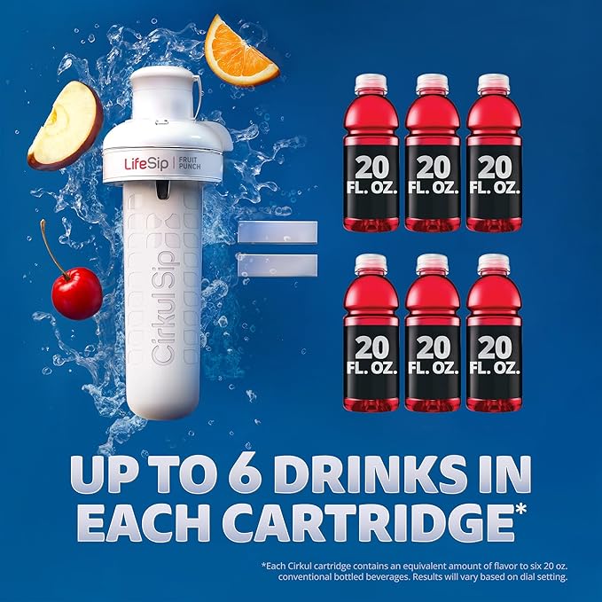 Cirkul 12oz. BPA-Free Plastic Water Bottle Starter Kit for Kids with Blue Lid, 2 Flavor Cartridges (1 LifeSip Fruit Punch, 1 FitSip Mixed Berry), No Sugar, Zero Calorie Drink Mix