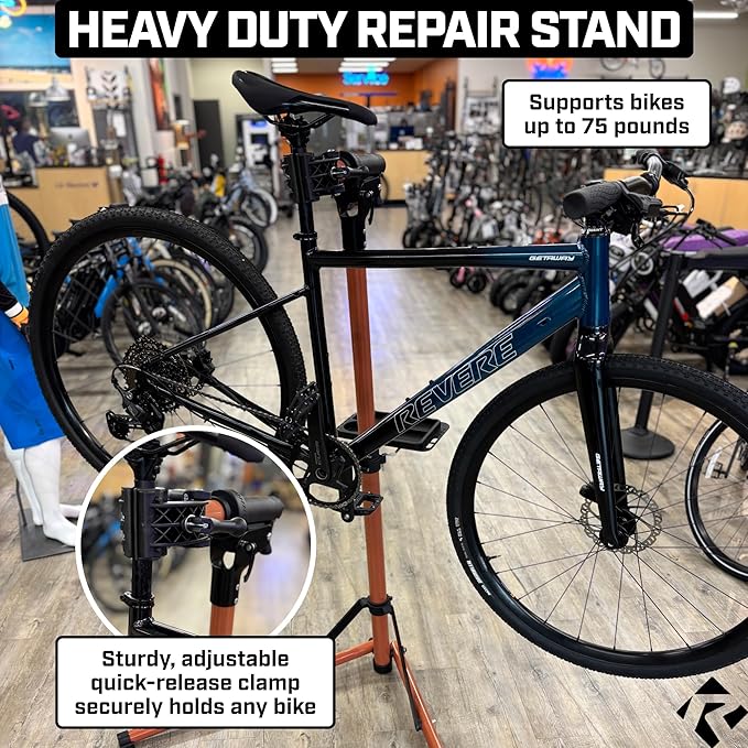 Revere Bike Repair Stand & Storage Bag, Telescoping Arm, Rotating Clamp, Magnetic Tool Tray, and Adjustable Handlebar Rod - Heavy Duty, Sturdy, Adjustable