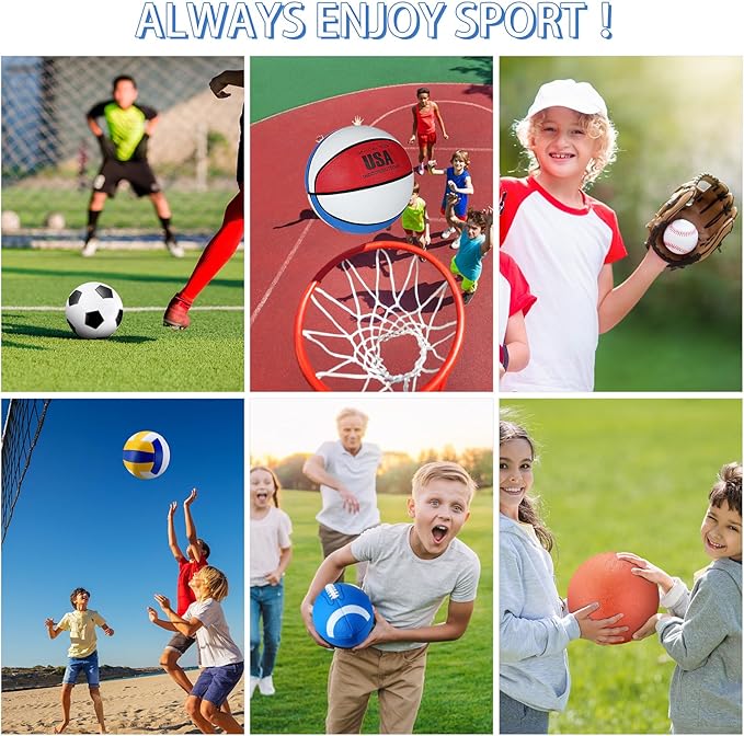 Realspring 6 Pcs Multi Sport Ball Set for Kid Teen Operation Christmas Official Size Football, Basketball, Soccer, Volleyball, Playground Ball, Baseball with Sports Equipment Bag Pump